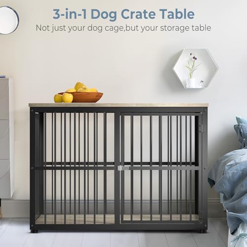 Lyromix 43'' XL Dog Crate Furniture with 3 Doors for Medium to Large Dogs | Wooden Kennel End Table, Heavy Duty Indoor Cage for Golden Retriever Labrador, Multiple Units Can be Combined, Grey - color: Ancient gray, size: 43.3"L x 29.9"W x 33.1"H