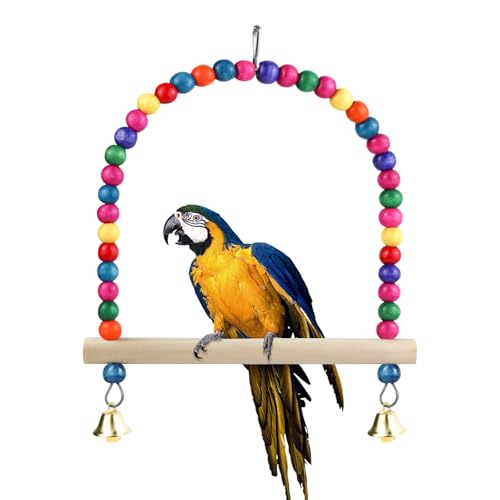 Wooden Bird Swing, 9 Inches Hanging Birds Cage Perches with Playing Bell, Natural Bird Chew Toys Boredom Breaker Bird Toys for Parakeets, Budgie, Cockatiel (Colorful, L) - color: Colorful