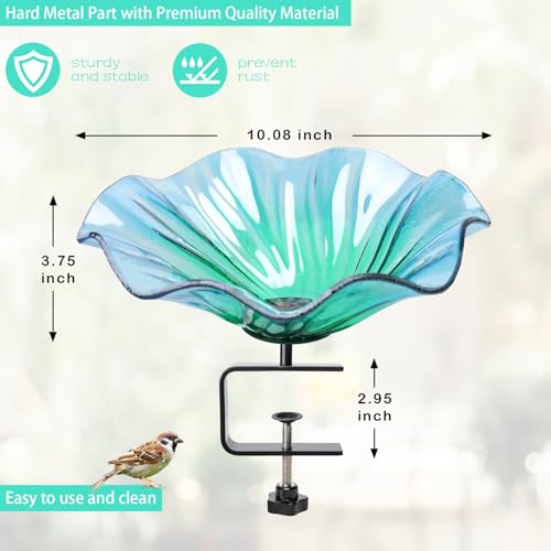 Deck Mounted Bird Bath for Outdoors, Glass BirdBaths Bowl for Garden | Blue Glass Bird Baths Bowl with Adjustable Sturdy Steel Fence Clamp for Garden Patio Lawn Yard Deck Balcony Railing - color: Blue