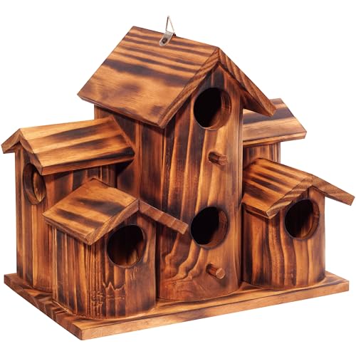 MIXUMON Wooden Bird Houses for Outside – 6 Rooms Multi-Chamber Bird House, Carbonized Pine Rustic Finish, 1.57" Entrance Holes, Cleaning Doors for Each Room, Decorative Outdoor Bird Nesting Box