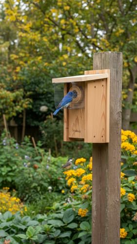 Premium Cedar Bluebird House for Outside - Wooden Bird Box with White Painted Roof & Noel Guard Predator Protection - Durable Birdhouses for Outdoors & Blue Bird Nesting