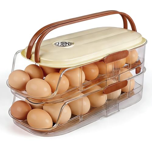 Egg Holder For Fridge, Egg Container for Refrigerator,Double Column | With Lid And Handle, BPA-Free Detachable Tray, Timer Tracker, Automatic Rolling for Kitchen, Outdoor - color: Double Column
