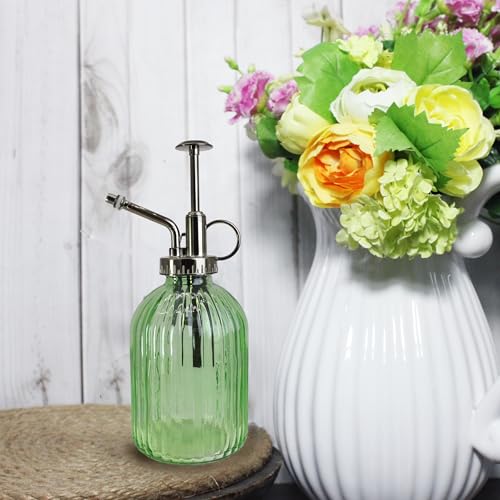 Glass Plant Mister Spray Bottle, 320ML Vintage Plant Spritzer with Top Pump Watering Can for Indoor Outdoor House Plants, Flowers (Green) - color: Green