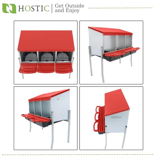 HOSTIC Red Chicken Nesting Box for Laying Egg | with 3 Compartment and Metal Legs Chicken Egg Laying Box with Lid Cover