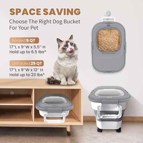 15-23Lbs Airtight Dog Food Storage Container,Collapsible Dog Food Container | Cat Food Container with Double Airtight Seal & Magnetic Lid,Large Pet Food Storage Container Wheels & Handle for Easy Moving - color: Grey/23 LBS