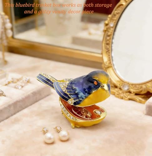Blue Starling Bird Figurine Hinged Jewelry Trinket Box Gift for Women | enameled with crystals setting Bird Lover Gifts Ring Earrings Storage, Bird home decor - color: Blue-Yellow