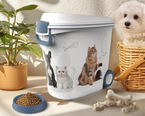DRATO Pet Food Storage Container with Wheels 30LB Capacity | Resin, Slow Feeder Bowl and Scoop, Easy to Move, Keep Food Fresh, For Dogs, Cats, Birds - color: Blue