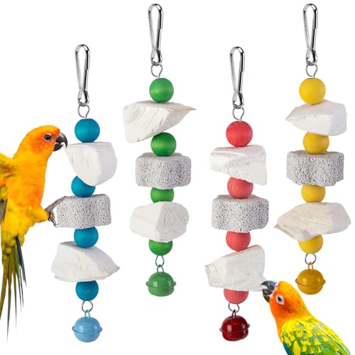 4 Pack Parrot Chewing Toy, Bird Beak Grinding Stone with Bell, Parrot Beak Trimmer Calcium Stone,Bird Cage Accessories for Cockatiels Parakeets Parrot Budgies Rat Hamster Chinchilla Rabbit Bunny