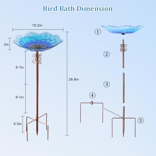 hogardeck 2 in 1 Floral Glass Bird Bath & Feeder - Hanging or Freestanding Outdoor Bird Bath with Sturdy 5-Pronged Base for Garden, Patio, Yard, Lawn Decor