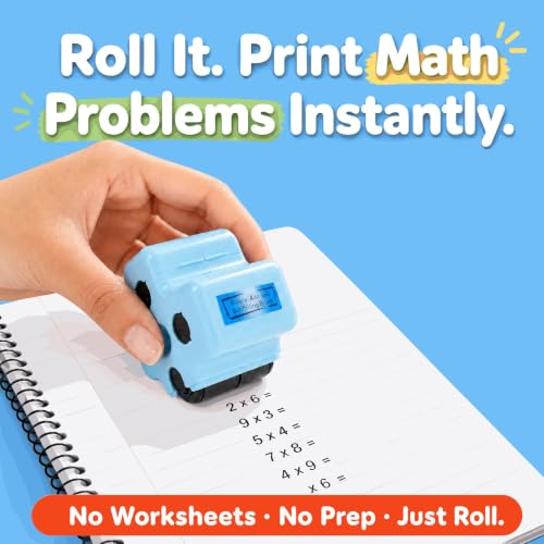 GoldenEgg Math Teacher 4-in-1 Math Roller Stamp, Addition, Subtraction, Multiplication & Fill-in-the-Blank Practice Tool for Kids, Classroom & Home Use (Blue) - color: Blue