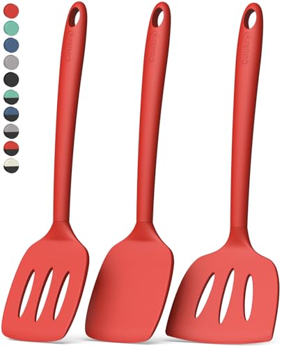 Coukre 3 Pack Silicone Spatula Set, Heat Resistant to 500°F, BPA-Free | Fish Spatula, Solid & Slotted Turners, Dishwasher Safe, Spatula Set for Eggs, Pancakes, Fish & Burgers, PureRed - color: PureRed
