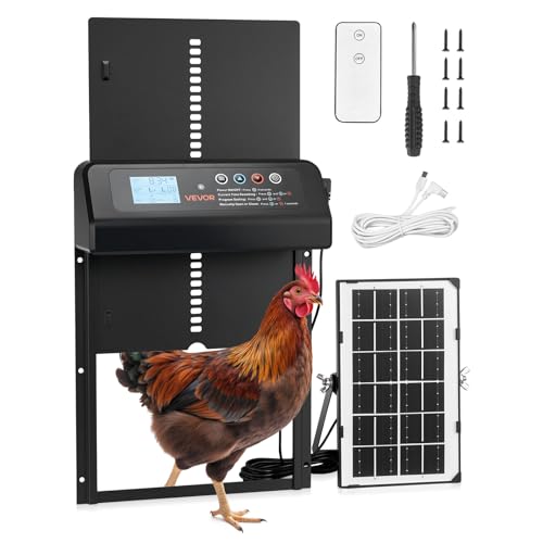 VEVOR Automatic Chicken Coop Door, Solar & Battery Powered Chicken Door with LCD Display, Remote Control, Light Sensor & Timer, Anti-Pinch Security, Aluminum Alloy Chick Run Gate Opener, Black - color: Black, size: 9.8"L x 2.9"W x 13.8"H