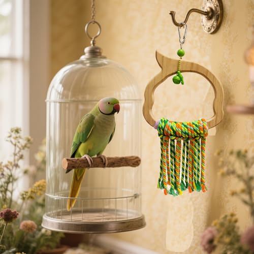 Wooden Bird Swing Toy with Rope Perch, Fish Shape, Hanging Cage Accessory for Parrots (Colorful, Green Wood Swing)