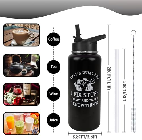 Mechanic Water Bottle with Straws Garage Insulated Water Bottle Gifts for Men,Father,Dad,Grandpa,Husband,Car Guy,Anniversary,Fathers Day Travel Thermal Double Walled Vacuum Cup-32 oz - color: black mechanic