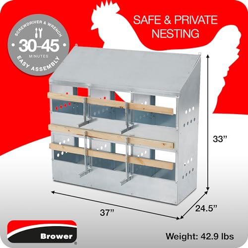 Brower 2-Tier 6-Hole Galvanized Steel Chicken Nesting Box, 30 to 40 Hen Capacity – Outdoor Poultry Laying Station with Hinged Folding Perches, Ventilated Design & Slanted Roof – Made in the USA - size: 37.0"L x 33.0"W x 24.5"H