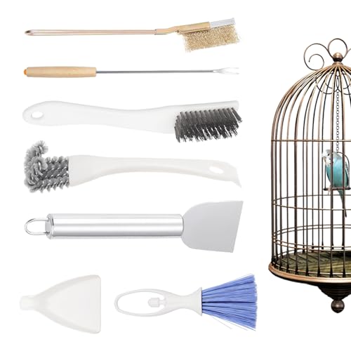 7-Piece Set Bird Cage Cleaner,Small Animal cage Cleaning Tool Wooden and Stainless Steel Cleaning Brush Long Handle Cleaning Brush Spatula Bird Cleaning Bird Drops Multipurpose Cleaning - color: 7a