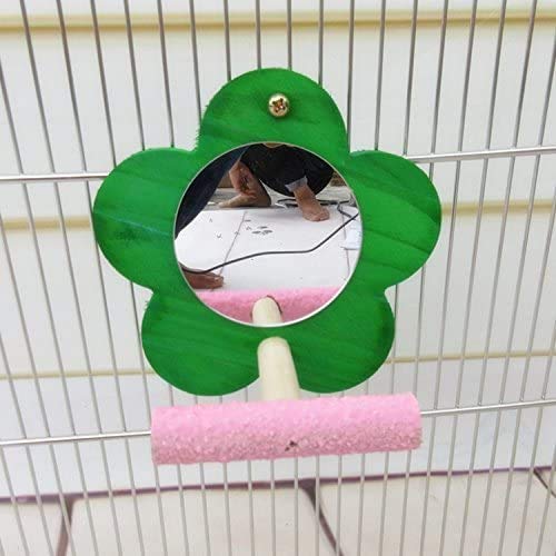 Bird Parrot Mirror with Perch Natural Wood Swing Colorful Sand Grind Paw Trim Beak for Small Parrot Parakeet Cockatiel Lovebird Conure Finch Budgie (Flower-Shaped)