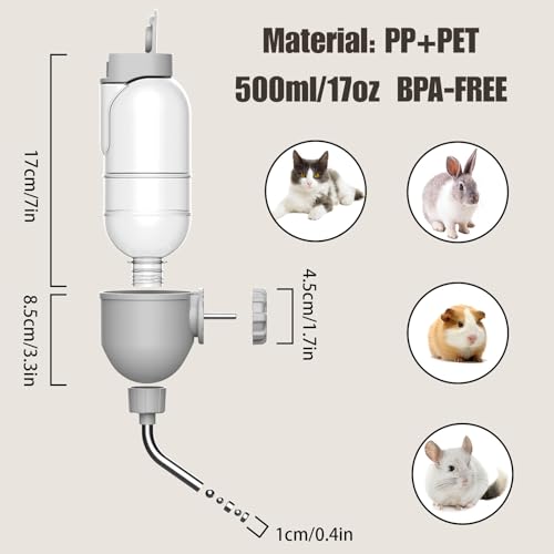 Pet Water Bottle for Cage Crate 17oz Non-Drip Water Dispenser for Small Animal Rabbit Bunny Guinea Pig Chinchilla Ferret Squirrel Hedgehog (Gray, 17oz) - color: Gray, size: 17oz