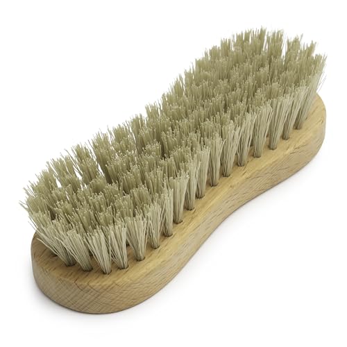 KONEX Medium-Stiffness Nylon Fiber Scrub Brush - Heavy Duty Cleaning Brush, Wooden Handle, Brown, Ideal for Hardwood Floor, Outdoor Surfaces, Carpet