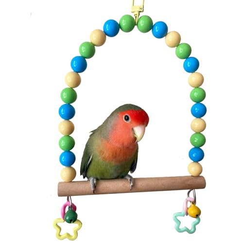 Wooden Bird Swing for Cage Large Parrot Hanging Toys Cockatiel Perch Stand | Colorful Acrylic Beads, Budgie Chewing Toy with Bell, Parakeet Climbing Training Set, Quaker Conures Birdcage Accessories - color: Oceanic palette