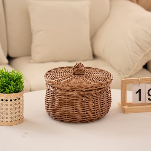 Handwoven Round Wicker Egg Basket with Lid for Kitchen & Fruit | Small Round Rustic Storage for Countertop, Pantry, Farmhouse & Bedside Table Use