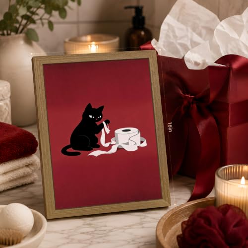 GELDSTEI Wood Framed Vintage Black Cat Funny Bathroom Wall Art 8x10 in | Playful Toilet Paper Black Cat Wall Decor, Humorous Bathroom Art Print, Unique Gift for Cat Lovers and Pet Owners - color: Cat, size: 10"L x 8"W