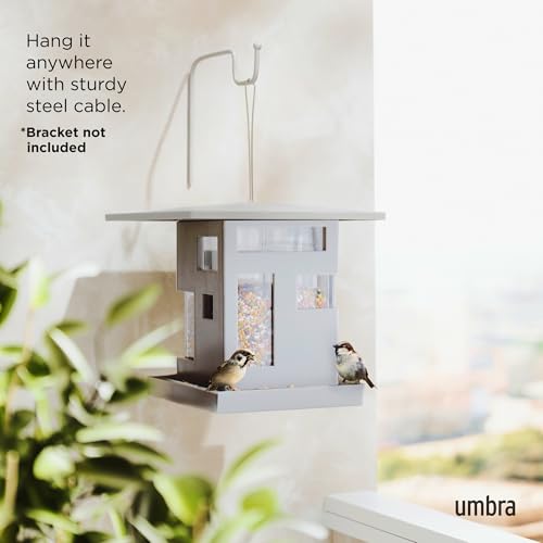Umbra Bird Cafe Bird Feeder, Outdoor Hanging Seed Dispenser, Grey | Wrap-around tray, steel cable, easy refill, weather resistant, plastic