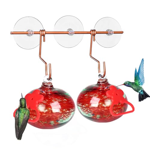 Pozfun Set of 2 Hummingbird Feeders for Outdoors Hanging,Hand-Blown Glass Hummingbird Feeder with Silicone Feeding Perch,Never Leak,Gardening Gifts for Woman Man - color: Phoenix Tail Red