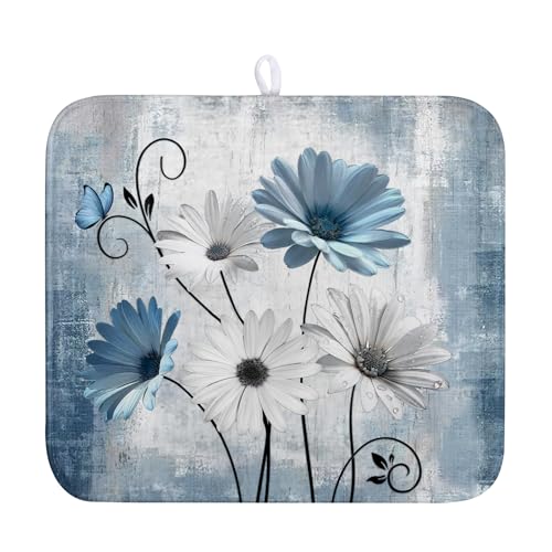 Dish Drying Mat for Kitchen Counter 16x18 Inch Blue Grey Daisy Drying Pads Rustic Vintage Floral Dish Dry Mat Microfiber Absorbent Farmhouse Dish Drainer Mat Flowers Dish Drainer Rack Mat - color: Blue Grey Daisy, size: 16" x 18"