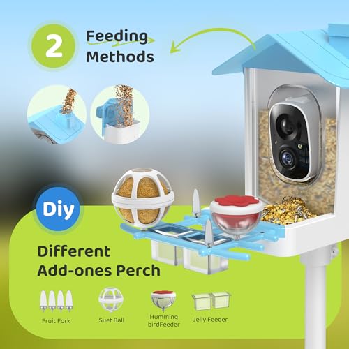 Smart Bird Feeder with Camera Solar Powered, Birdfeeder Cam for Outside, AI Species Identify, 2K Live View, Instant Arrival Alerts, Bird Lover Gifts, Sky Blue