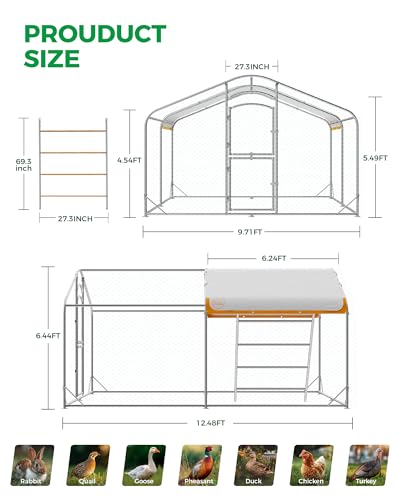 Large Metal Chicken Coop with Run, 12.6FT Walk-in Chicken Run for Yard with Waterproof & Anti-UV Cover, Spire Roof Outdoor Poultry Cage for Chickens Ducks Rabbits Backyard Farm with Ladder
