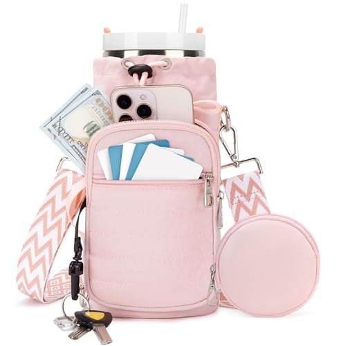 Water Bottle Carrier bag with Strap Phone Pocket for Walking, Hiking, Cycling - color: 5-Pink, size: 32oz-40oz