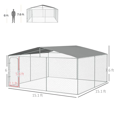 PawHut Outdoor Dog Kennel Heavy Duty Fence for Large Breeds 15' x 15' x 7' | Dog Run Outdoor Fence, Waterproof Cover, Galvanized Chain Link, Secure Lock, for Chickens, Ducks - size: 181.0"L x 181.0"W x 91.3"H