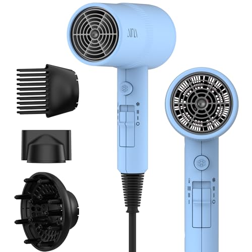 AINA Hair Dryer with Diffuser,Comb Full-Featured Blow Dryer 110V(Blue) | 3 Heat/2 Speed;Cold shut button;Lightweight;Compact Size;High Temp;Low Airflow;Same Results;Less Expense - color: Baby Blue, size: 4 Piece