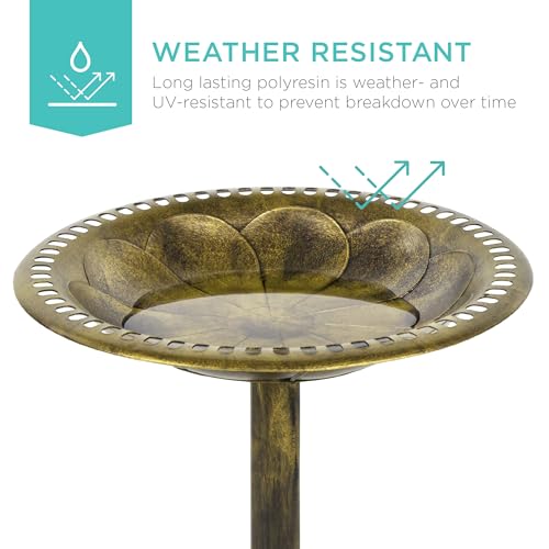 Best Choice Products 28in Pedestal Bird Bath, Vintage Outdoor Resin Accent Decoration w/Fleur-de-Lis Accents - Gold - color: Gold