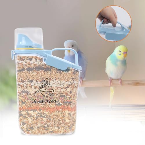 Bird Seed Storage Container,2.8L Airtight Bird Food Container with Handle and Measuring Cup,Portable Pet Food Container for Wild Bird Sunflower Seed-BPA Free Transparent/Blue - color: BLUE BIRD