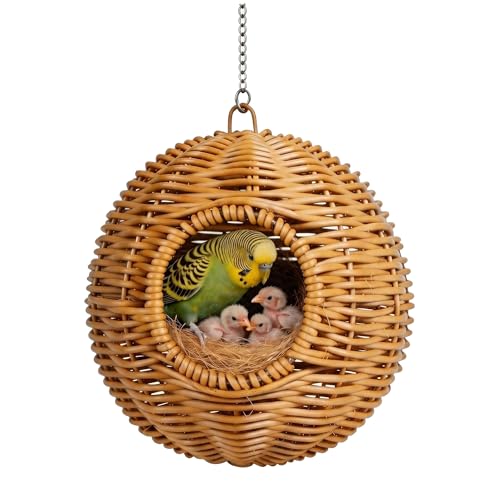 Bird Nest for Cage, Hanging Rattan Parrot Bed, Washable Breathable for Parakeets Cockatiels Lovebirds(Circular Opening)