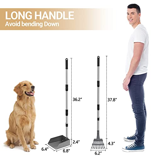 Dog Pooper Scooper, Dog Poop Tray and Rake Set with Long Stainless Handles | Pet Waste Removal Scoop with Adjustable Sectional Handles - color: Silver/Black