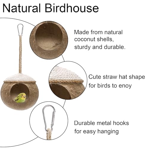 Yesland 2 Pack Coconut Bird Nest Hut with Loop, Coconut Fiber Hanging Birdhouse Cage, Anti-Pecking Bite Coconut Bird Parakeet for Parrot Parakeet Lovebird Finch Canary, Pet Cage Habitats Decor