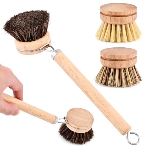 Bamboo Dish Brush with Handle, 3 Natural Bristle Heads | (Horsehair, Sisal, Palm) Replaceable Heads, Wooden Dish Brush for Washing and Cleaning Pot Pan Bowl