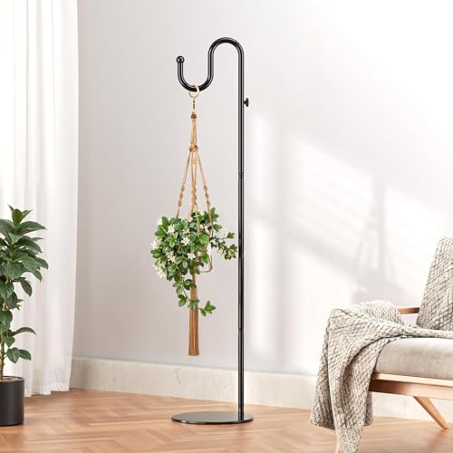 74" Shepherds Hook Stand: Hanging Wind Chimes, Bird Feeders, Plants | Adjustable, Heavy Duty Base, Free Standing Pole Holder for Indoor & Outdoor, Holds Up to 20 LBS - color: Black