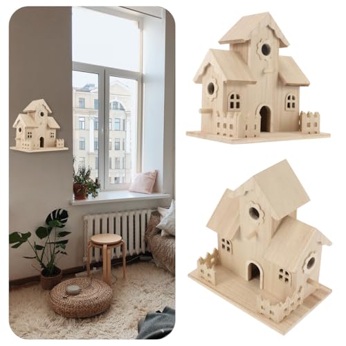 Wooden Bird House Unfinished Birdhouse to Paint for Kids and Adult Wood Hanging Sleeping Nest for Bird Squirrel Conure and Parrot