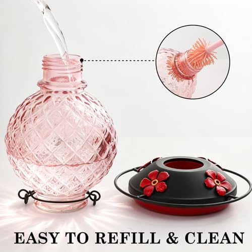 25 OZ Glass Hummingbird Feeder for Outdoors, Leak Proof Hummingbird Feeder with Ant Moat, 4 Bee Resistant Feeding Ports, Easy Clean Wide Mouth Design, Hanging Nectar Feeder, Pink - color: Pink - 25oz