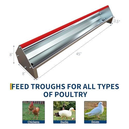 45" Chicken Trough Feeder, 5 Gallon Galvanized Steel Feed Trough with Drainage Holes & Red Crossbar | Heavy Duty, Rust-Proof Metal Duck Chicken Feeder Red - color: Red