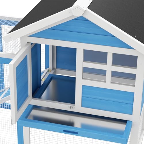 PawHut 49" Wooden Rabbit Hutch Bunny Cage with Fun Outdoor Run Light Blue | Waterproof Asphalt Roof, Removable Tray and Ramp, for Rabbits, Chickens, Ducks - color: Light Blue