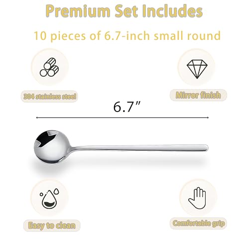 Long-handled Mirror-Finish Small Round Stainless Steel Spoon, Suitable for Scooping Bird's Nest, Honey, Coffee, Milk Powder, Sugar, Cocoa Powder and Other Foods & Desserts (10pcs 6.7", Silver) - size: 6.7in, style: 10Pcs Silver