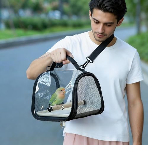 Clear Small Pet Travel Carrier with Perch & Tray – Breathable Mesh Bird Parrot Hamster Rabbit Squirrel Portable Bag (Grey) - color: Grey