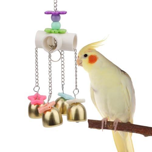 Hypeety Bird Bell Toy with Sweet Sound Cage Hanging Swing Bell for Parakeet | 4 brass bells with colorful beads, chewable for easy-hanging, encourages play and exercise, for small and medium bird, 8.66'' - color: Bell Toy-4 bells