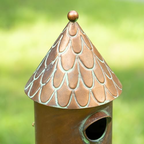 Glitzhome Birdhouses for Outdoors, Bird Houses for Outside, 53" H Farmhouse Faux Copper 2-Tiered Distressed Metal Bird House Decorative Garden Birdhouse with Stake