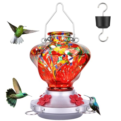 Hummingbird Feeder for Outdoors with Ant Moat, Hummingbird Feeder, Hand Blown Glass, 4 Bee Guard Feeding Ports with Perch, Outdoor Garden Décor, 16OZ, Red, Gifts for Mom Wife Dad Men Women - color: Red & Yellow